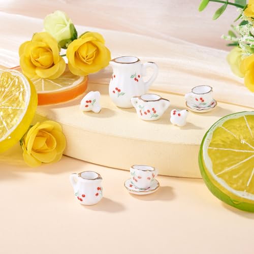7Pcs Cherry Pattern Handmade Porcelain Mini Tea Sets White Miniature Ceramics Cup Teapot Sugar Bowl Cute Drink Dollhouse Kitchen Accessories for Necklaces Keychain Jewelry Making - color: White With Cherry
