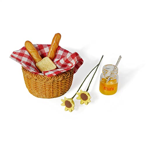 Miniature Food Dollhouse Accessories Garden Decor 1:12 Scale Bread Honey Picnic Basket Cloth Flowers 9PCS Garden Decoration Mini Room Display Props Model (Red Picnic Cloth) - style: Red Picnic Cloth