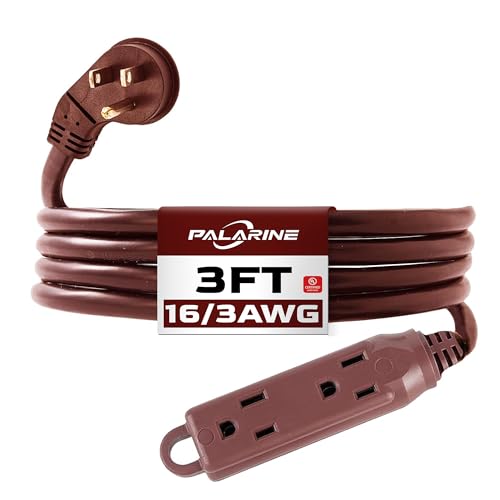 3 Ft Brown Flat Plug Extension Cord with 3 Outlets, 16 Gauge Heavy Duty - color: Brown, size: 3 FT