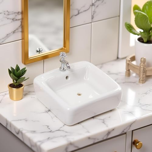 1:12 Scale Ceramic Sink with Removable Faucet - Miniature Dollhouse Bathroom and Kitchen Accessories for Victorian Style Decor, Realistic Doll House Furniture (Durable Resin Basin Set)