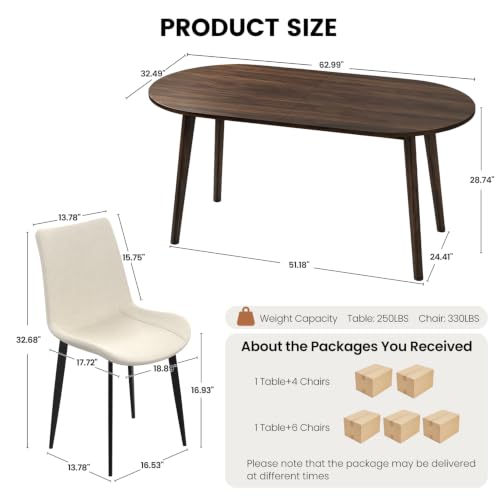 63" Oval Dining Table Set for 4 with Solid Wood Legs - color: Walnut Table Beige Chairs