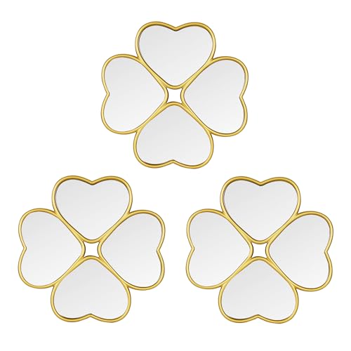 Small Decoritive Heart Wall Mirrors Set of 3, Decorative Four-Leaf Clover Mirror (Gold)