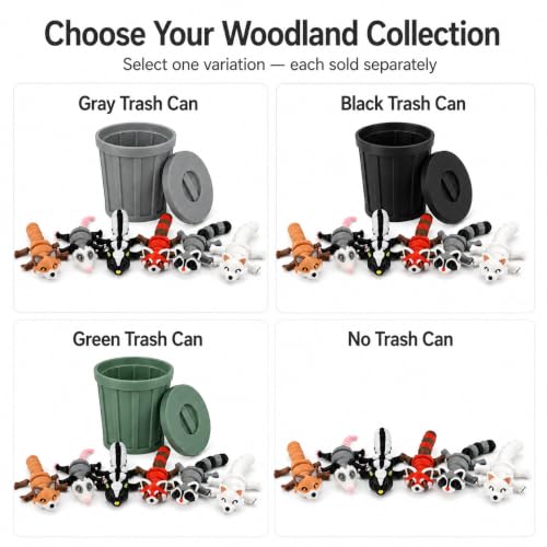 3D-Printed Woodland Animal Figurines, 8-Piece Articulated Raccoon, Fox, Skunk, Opossum, Red Panda and Arctic Fox Set with Black Trash Can - color: Black