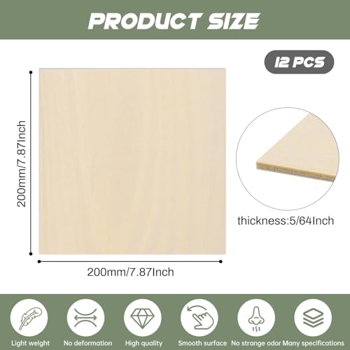 12 Pack Plywood Sheets, 7.87" x 7.87"x 5/64" Basswood Sheets - color: 12 Pack, size: 7.87" x 7.87"x 5/64"