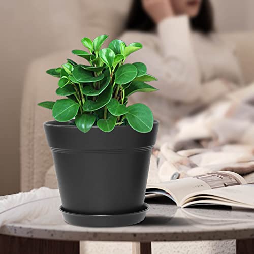 WOUSIWER 16 Pack 6 inch Plastic Planters for Indoor Flower Pots, Heavy Duty and Stylish 6 Inch Plant Pots for Indoor Plants with Drainage Holes and Tray for Plants, Flowers, Black - color: Black
