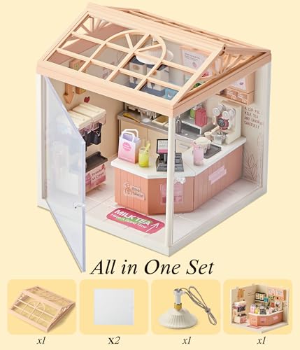 Bubble Tea Shop DIY Miniature House Kit with Roof & LED Light, Stackable & Connectable Dollhouse Kit with Dustproof Doors, Creative DIY Crafts Building Toy Gift for Adults Teens - color: Milk Tea Shop, size: Meduim