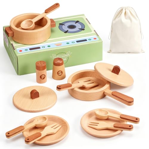 WHOHOLL 15 Pcs Wooden Pots and Pans Set - Play Kitchen Accessories Toys - size: Large