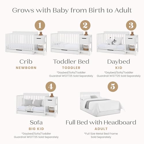 Delta Children Maya 5-in-1 Convertible Crib and Changer with Storage, Converts to Toddler Bed, Daybed, Sofa & Full Bed, Greenguard Gold Certified, 3 Mattress Heights for Baby, Bianca White - color: Bianca White