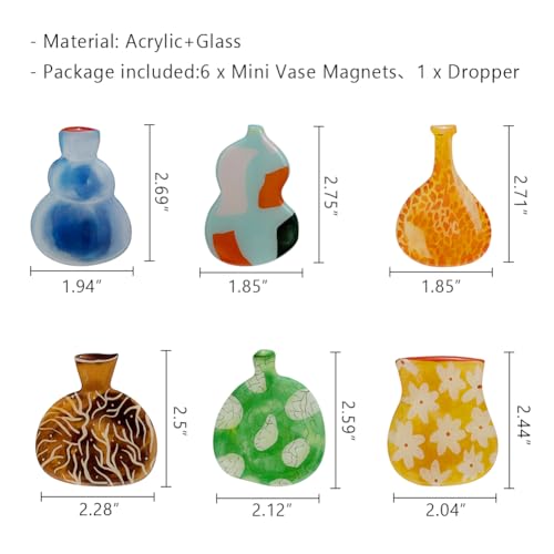 Set of 6 Acrylic Mini Vase Magnets with Dropper Glass Tube for Flower Arrangement Artistic Plant Pots Refrigerator Sticker Set