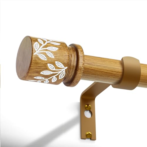 QDWIS Natural Wood Curtain Rods for Windows 66 to 120 inch Boho Decorative Handmade Wood Grain Drapery Rods with Leaf Finial 1" Adjustable Heavy Duty Curtain rod for Living Room Bedroom Kitchen - color: Natural Wood, size: 36'' - 120''(1 Pack)