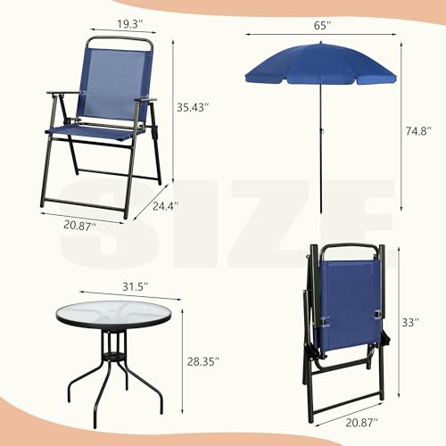 Vongrasig 6 Pieces Folding Patio Dining Set, All Weather Small Metal Outdoor Table and Chair Set, Garden Patio Furniture Set w/Umbrella, Glass Table & 4 Folding Chairs for Lawn, Backyard, Blue - color: Blue