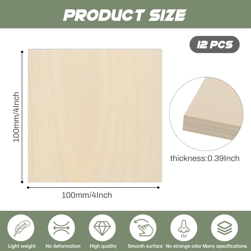 12 Pack Plywood Sheets, 4" x 4"x 0.39" Basswood Sheets - color: 12 Pack, size: 4" x 4"x 0.39"