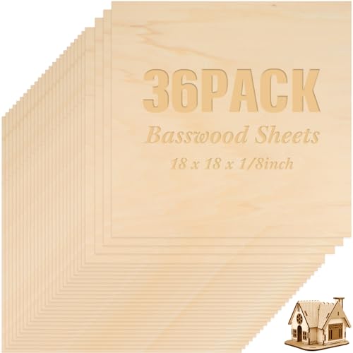 Riakrum Basswood Sheets Plywood Board Unfinished Wood Boards for Crafts for DIY Laser Projects Architectural Mini House Building Hobby Model Making(18 x 18 x 1/8 Inch,36) - size: 18 x 18 x 1/8 Inch