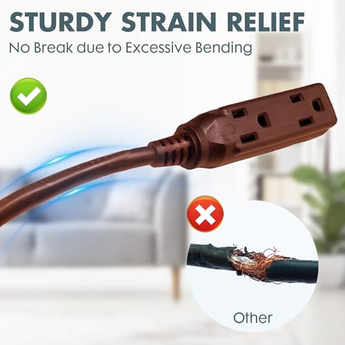 3 Ft Brown Flat Plug Extension Cord with 3 Outlets, 16 Gauge Heavy Duty - color: Brown, size: 3 FT