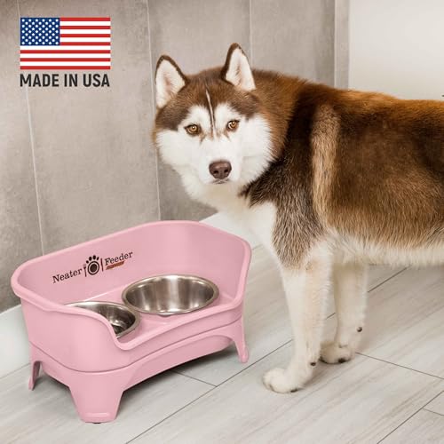 Neater Feeder - Express Model w/Slow Feed Bowl - Mess-Proof Dog Bowls (M/L, Pink) Made in USA – Elevated, No Spill, Non-Tip, Non-Slip, Raised Stainless Steel Food/Water Pet Bowls Aid Digestion - color: Pink, size: Medium to Large w/ Metal Slow Feed Bowl