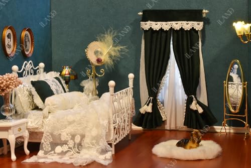 iLAND Miniature Dollhouse Accessories Metal Dollhouse Curtain Double Rods 2 Sets w/Brackets Rings for Easy Installing, Victorian White 1/12 Accessories, Exquisite Decor for Doll House Windows - style: Luxury White