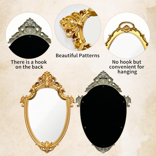 4 PCS Vintage Gold Mirror Set Vintage Mirrors for Wall Antique Shield Shape Square Oval Decorative Mirror Jewelry Dresser Organizer Tray for Living Room Bedroom Wedding Desktop Photography Decoration
