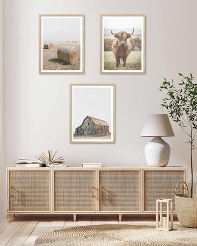 HesenDot Farmhouse Highland Cow Natural OAK Wood Framed Wall Art, 12x16in - color: Framed Highland Cow
