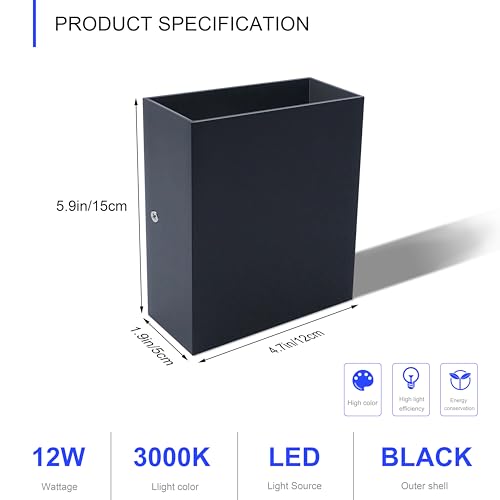 KICAAO LED Wall Sconces Set of Two, 12W Wall Light, Black Warm Light 3000K - color: Black