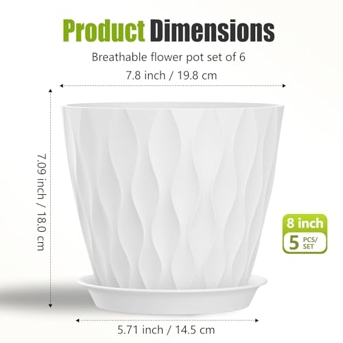 8 Inch Plastic Plant Pots,Set of 5 Flower Pots,Planters with Drainage Holes & Saucers, Indoor Outdoor Garden Pots for Home Decor(White) - color: White