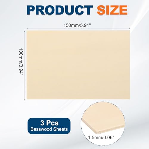 MECCANIXITY 3pcs Basswood Sheets 6x4 x 1/16" Unfinished Wood Boards Plywood - size: 6 x 4 x 1/16 Inch