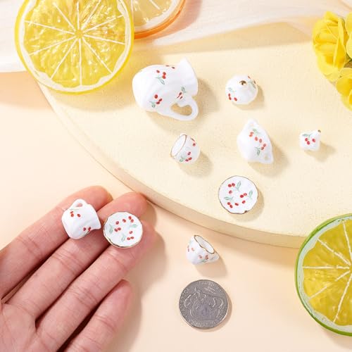 7Pcs Cherry Pattern Handmade Porcelain Mini Tea Sets White Miniature Ceramics Cup Teapot Sugar Bowl Cute Drink Dollhouse Kitchen Accessories for Necklaces Keychain Jewelry Making - color: White With Cherry