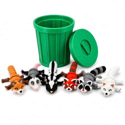 3D-Printed Woodland Animal Figurines, 8-Piece Articulated Raccoon, Fox, Skunk, Opossum, Red Panda and Arctic Fox Set with Green Trash Can - color: Green