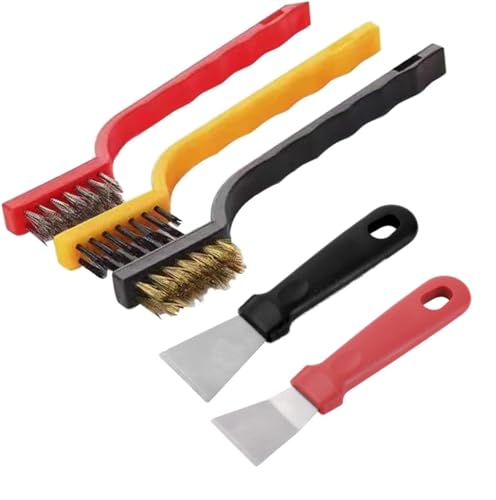 Katartizo 5Pcs Kitchen Stove Cleaning Brush + Scraper Tool Set, Heavy Duty Scraper for Gas Burners Cooktop Pot Pan Brass, Stainless Steel and Nylon Brush Head Brushes for Range Hood Grease Grime