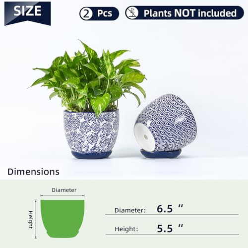 Selamica Ceramica Plant Pots, 6.5 Inch Flower Pots Set of 2 with Drainage Holes & Saucer, Planters for Indoor Plants, Home Decor, Vintage Blue - color: Vintage Blue, size: 6.5 Inch, Set of 2
