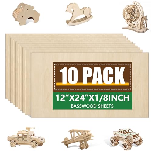 10 Pack Basswood Sheets 1/8x12x24 Inch, Unfinished Wood for Crafts, 3mm Basswood for Laser Cutting & Engraving, Wood Burining,Architectural Models, Wood Board for Painting. - size: 10P 12x24x1/8in