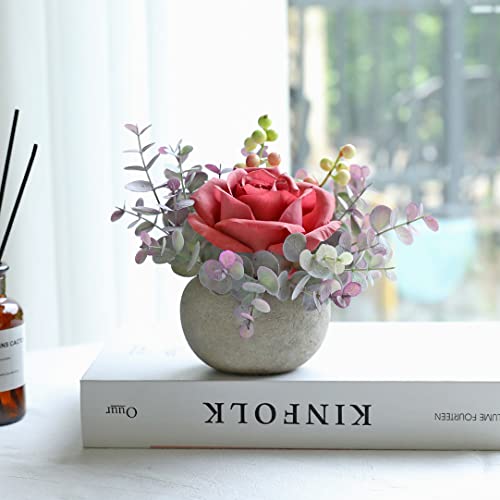 Small Artificial Pink Rose Potted Plant, Mini Faux Floral Decor - color: Pink
