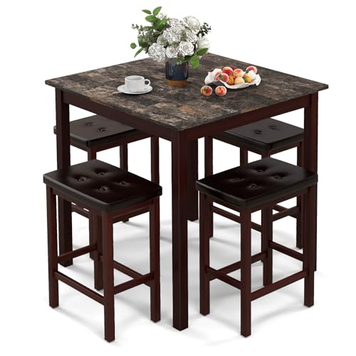 GIANTEX Dining Table Set for 4, Kitchen Table Chairs Set of 4, Counter Height Dining Table Set with 4 Bar Stools, Space-Saving Dinette Table Set for Small Place, Breakfast Nook Table Set (Brown) - color: Brown