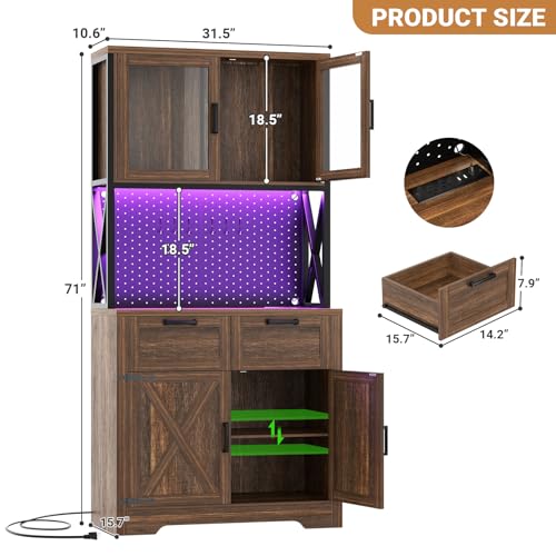 Unikito 71" Kitchen Pantry Cabinet with LED Light & Outlet, Microwave Stand - color: Weathered Brown, size: 32 Inch