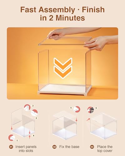 Rolife Acrylic Display Case for Miniature House and Collectibles, Clear Dust Cover Showcase with Door, Stackable Storage Box with White Base for Book Nook(9.1x9.1x11.5in) - size: 9.1"x9.1"x11.5"