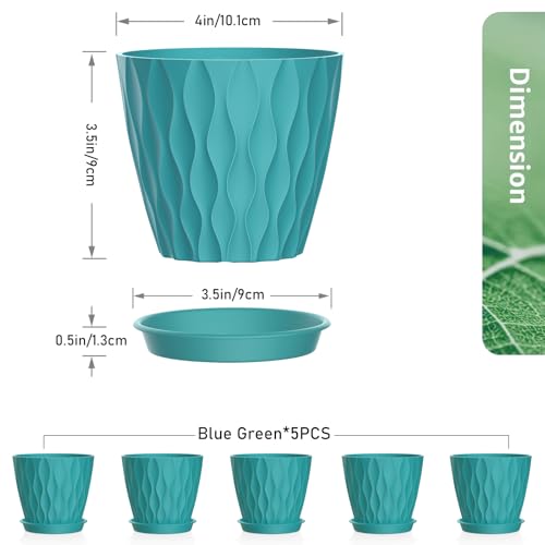 Meowell 4 inch Small Plastic Nursery Pots, 5 Pack Water Ripples Flower Pots for Indoor Plants, Plant Pots with Drainage Holes and Saucers, Seedling Starter Planters for House Plants, Blue Green - color: Blue Green, size: 4 inch 5 pieces