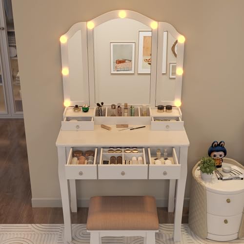 White Vanity Desk with Mirror and Lights Makeup Vanity Set Teen Vanity Mirror with Lights Desk and Chair Makeup Vanity Table Makeup Vanity with Drawers - style: White