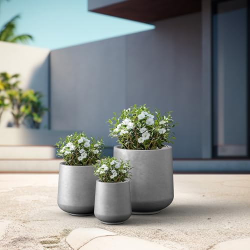 Kante Set of 3 Pale Gray Concrete Curved Planters 16.5" 13" 9.4" Dia - color: Natural Concrete, size: Set of 3: 15.3" + 11.6" + 8.2" D