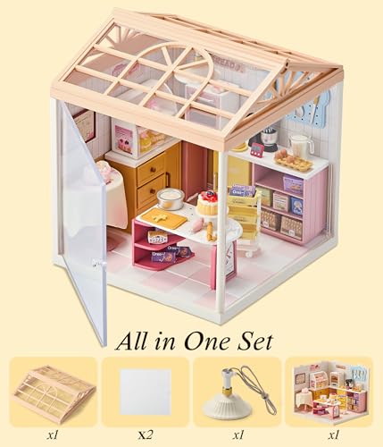 Bakery Shop DIY Miniature House Kit with Roof & LED Light, Stackable & Connectable Dollhouse Kit with Dustproof Door, Creative DIY Crafts Building Toy Gift for Adults Teens - color: Baking, size: Meduim