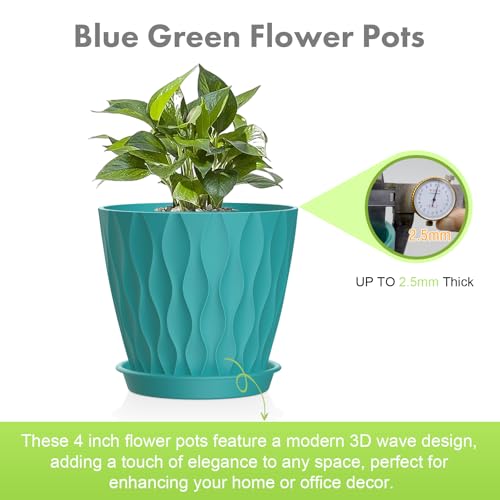 Meowell 4 inch Small Plastic Nursery Pots, 5 Pack Water Ripples Flower Pots for Indoor Plants, Plant Pots with Drainage Holes and Saucers, Seedling Starter Planters for House Plants, Blue Green - color: Blue Green, size: 4 inch 5 pieces