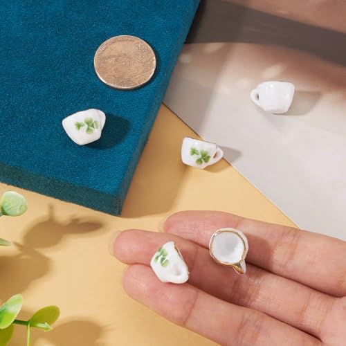 5Pcs Clover Pattern Handmade Porcelain Mini Teacup White Miniature Ceramics Tea Cups Cute Tiny Drink Beverage Dollhouse Kitchen Accessories for Necklaces Keychain Earring Jewelry Making - color: White With Clover