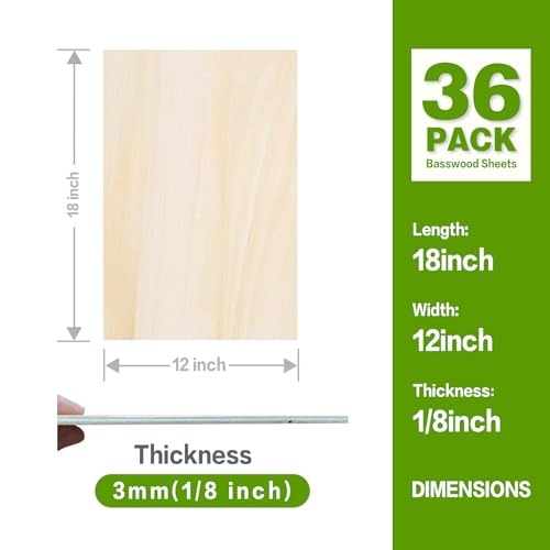 Basswood Sheets 18"x12"x1/8",3mm Basswood for Laser Cutting,Thin Plywood Board Unfinished Wood for Crafts, DIY Architectural Models Making, Wood Engraving (18inchx12inch-1/8-36Packs) - size: 18inchx12inch-1/8-36Packs