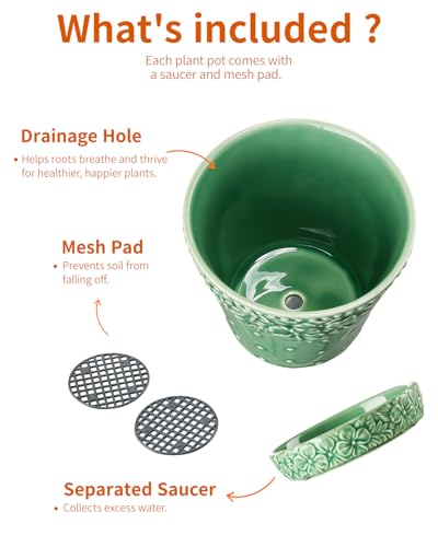 Metahom Ceramic Plant Pots Set of 3, Green Color, Embossed Design - color: Green