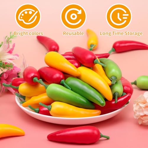 Gresorth 60 Pcs Artificial Mini Chili Pepper Decoration Fake Vegetables - color: Red, Green, Yellow
