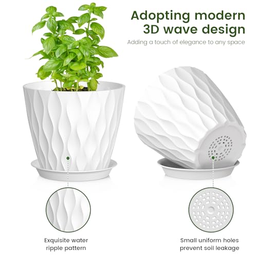 Meowell 7/6.5/6/5.5/5/4.5/4 inch Plant Pots for Indoor Outdoor Plants, 7 Pack Thick Flower Pots with Drainage Holes and Saucers, Modern Wave Texture Plastic Planter Pots for Nursery, Succulent, White - color: White, size: 7+6.5+6+5.5+5+4.5+4 inch 7 pieces