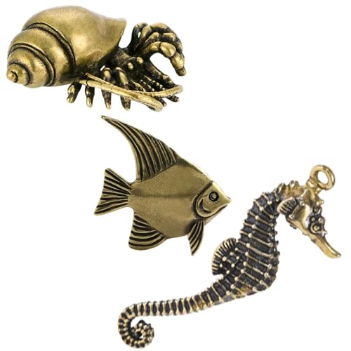 3Pcs Vintage Solid Brass Miniature Animal Figurine Desk Animal Ornament for Pet Enthusiasts Exquisite Collectible and Home Décor Accent (Hermit Crab + Fish + Seahorse) - color: Hermit Crab + Fish + Seahorse