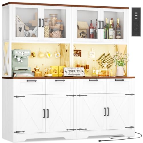 Unikito 71" Kitchen Pantry Cabinet with LED Light & Outlet, Microwave Stand - color: White+rusitc, size: 63 Inch