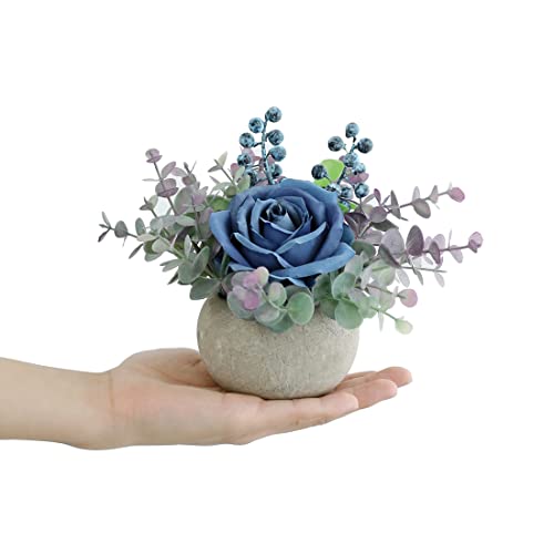Small Artificial Blue Rose Potted Plant, Mini Faux Floral Decor - color: Blue