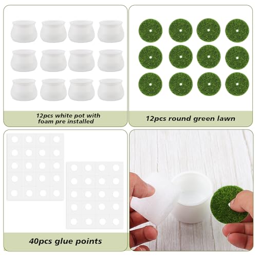 FINGOOO 2 Inch Little White Pots, 12 Pack Plastic Plant Pots with Foam and Simulated Lawn for Crochet Flowers Knit Plants DIY Craft Home Desk Decor