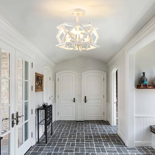 Antique White Semi Flush Mount Ceiling Light, Modern Foyer Lighting Fixture, 4-Light Metal Ceiling Lamp, Small Farmhouse Chandelier for Hallway Entryway Porch Bedroom Kitchen - color: White