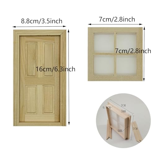 Cayway 2 PCS Dollhouse Windows, 1 PCS Miniature Wooden Door,1:12 Scale Mini Window Frame for DIY Dollhouse or Model Town Accessory